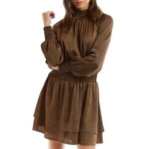 Allison New York Dress Size S Mini Dot Smocked Brown Layered Skirt Satin